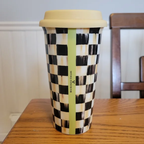 Mackenzie-Childs Checkered Travel Tumbler with Cream Lid - Picture 1 of 5